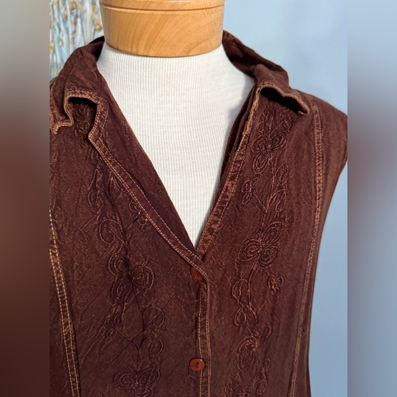 Vintage Brown Embroidered Button-Front Maxi Dress | Boho Tie Back - Picture 3 of 5